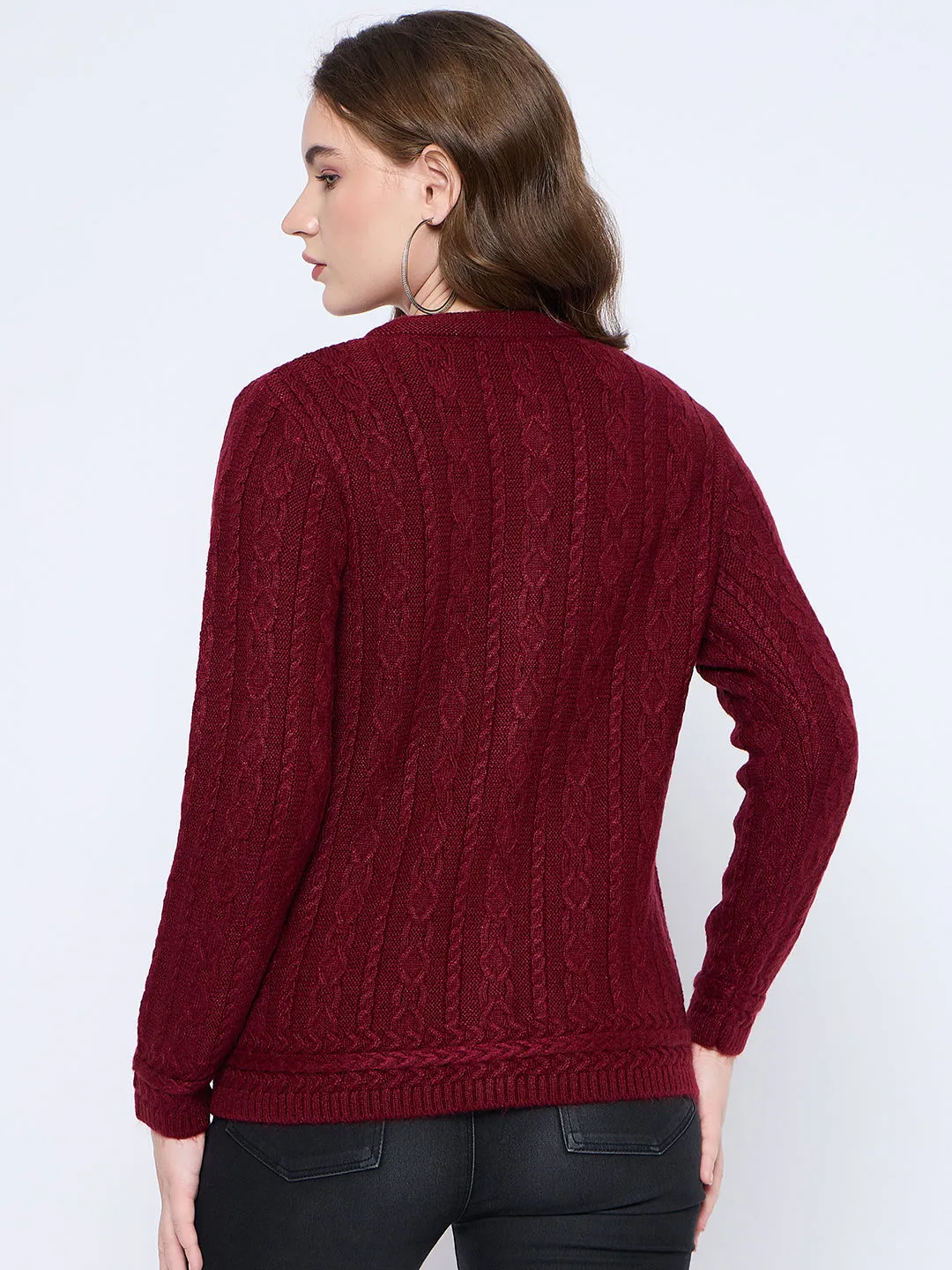 Madame Solid Maroon Cable Knit Cardigan