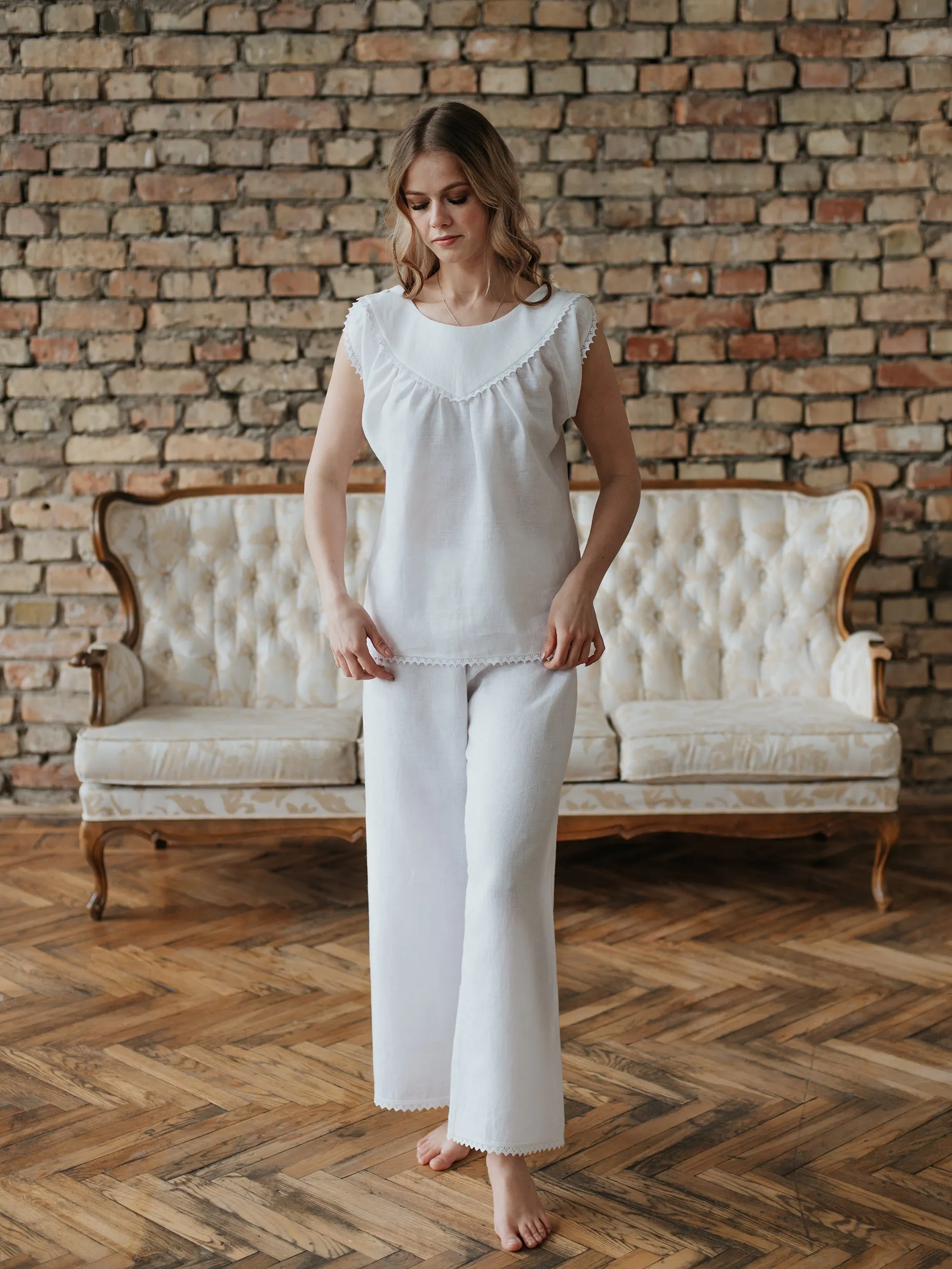 Margery Loungewear Set in White Linen