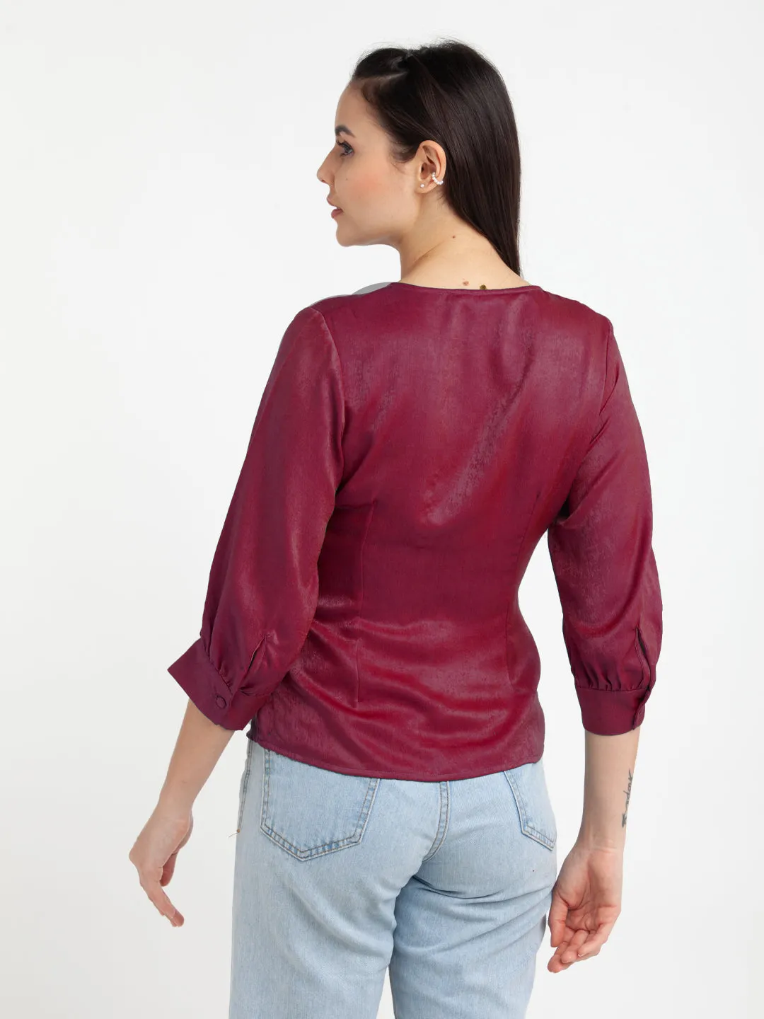 Maroon Solid V-Neck Top