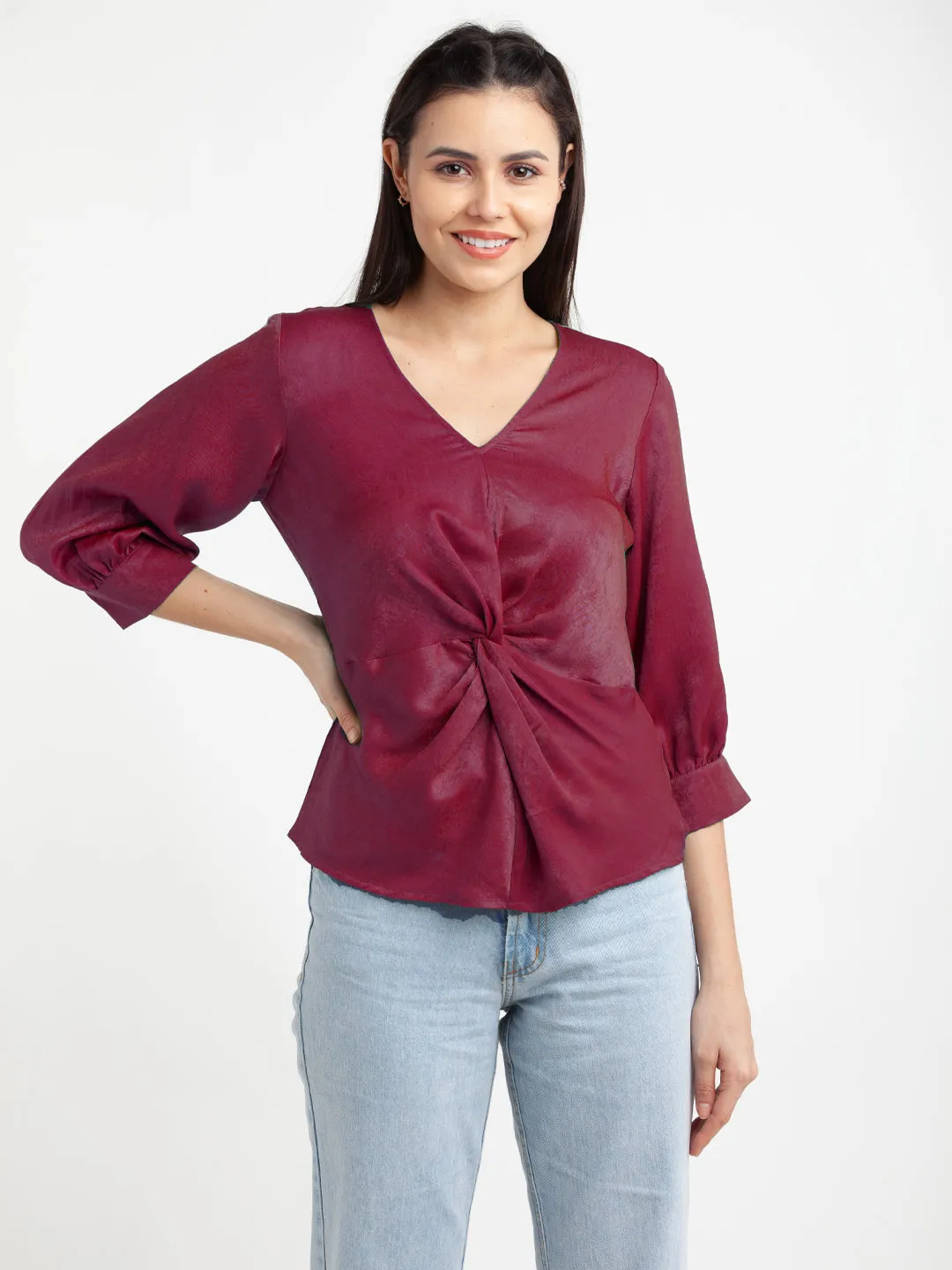 Maroon Solid V-Neck Top
