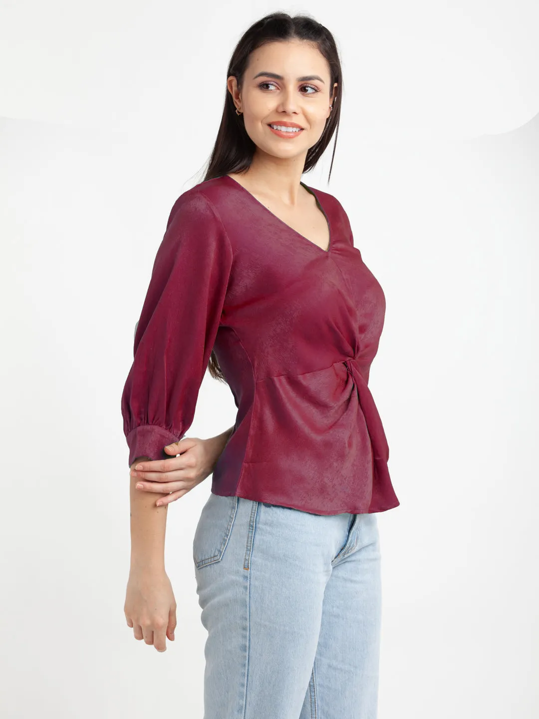 Maroon Solid V-Neck Top