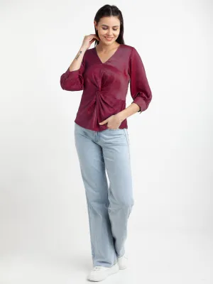 Maroon Solid V-Neck Top