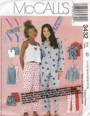 McCall's 3432 NY Junior Teen Girls Nightgown Camisole & Pants or Shorts ALL SIZES Out Of Print Sewing Pattern UNCUT Factory Folded