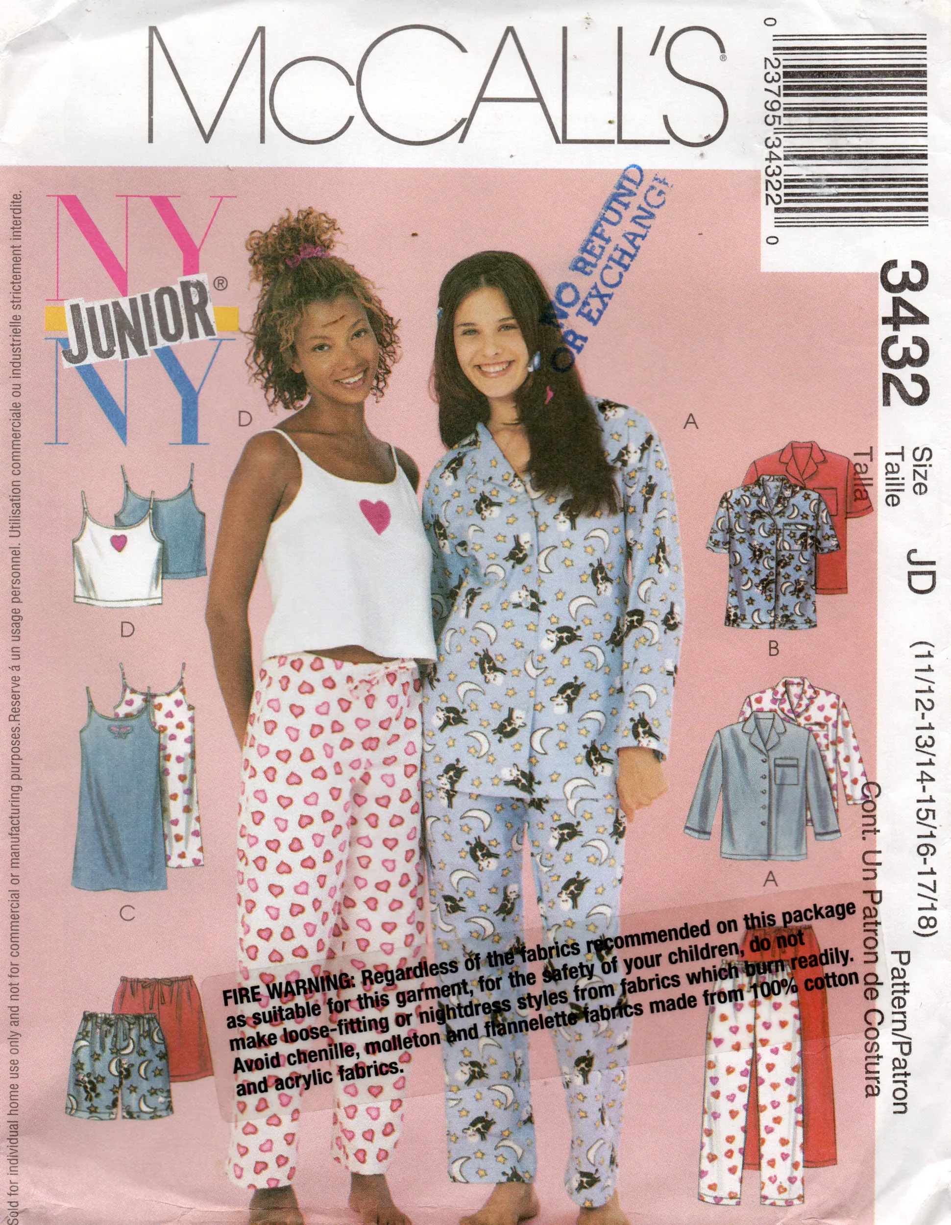 McCall's 3432 NY Junior Teen Girls Nightgown Camisole & Pants or Shorts ALL SIZES Out Of Print Sewing Pattern UNCUT Factory Folded