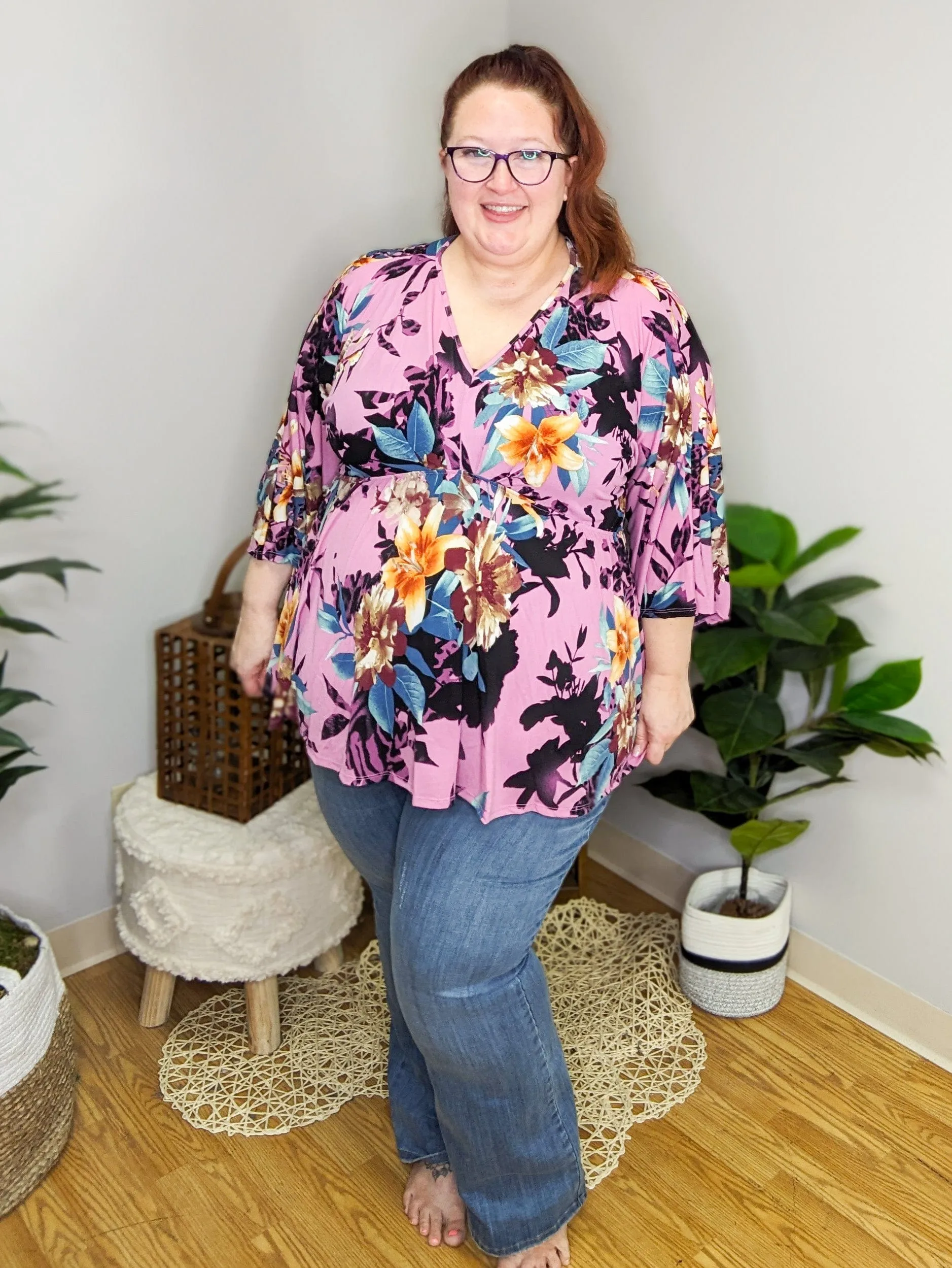 McKenna Dark Orchid Floral Kimono Sleeve Top