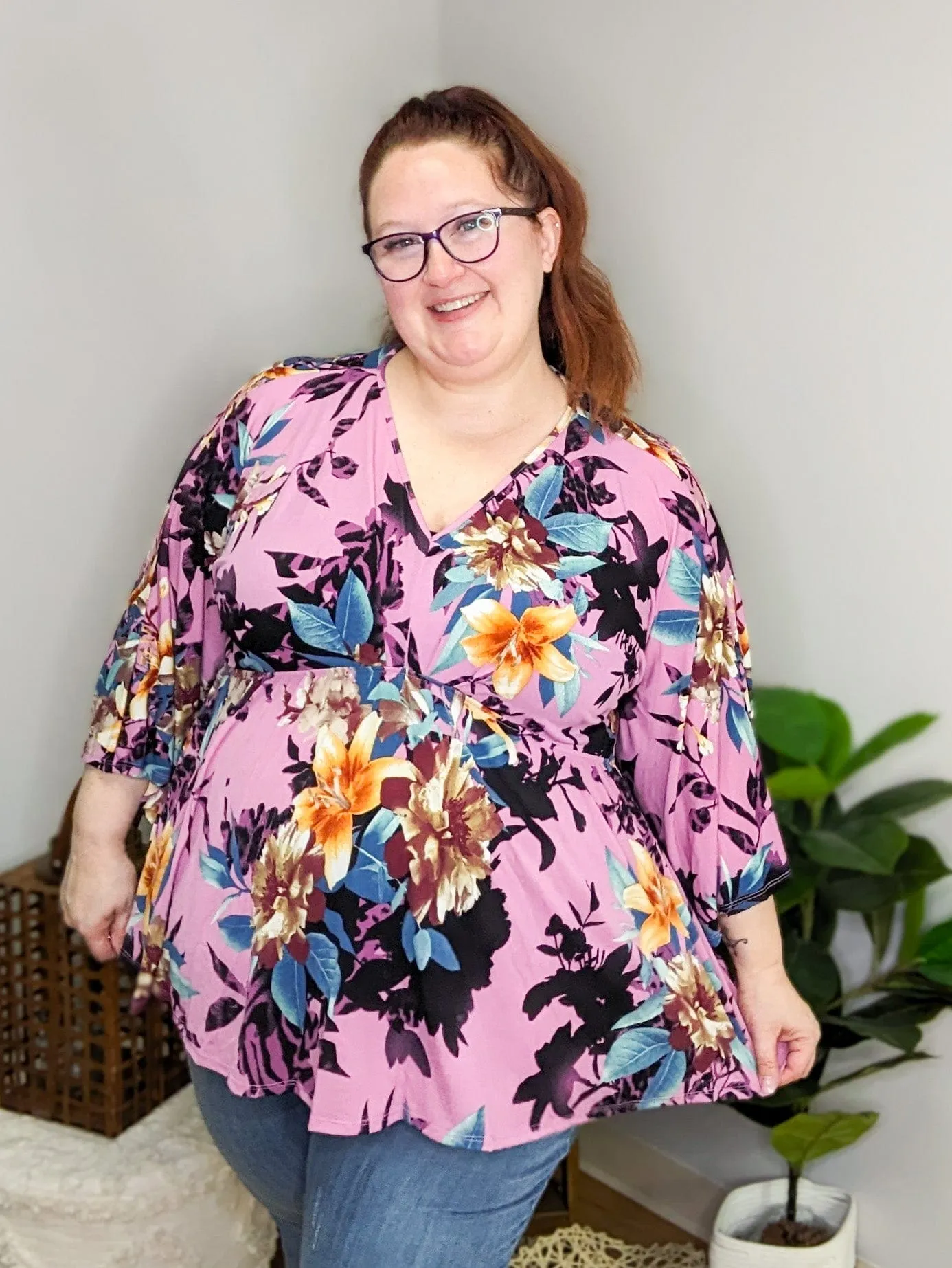 McKenna Dark Orchid Floral Kimono Sleeve Top