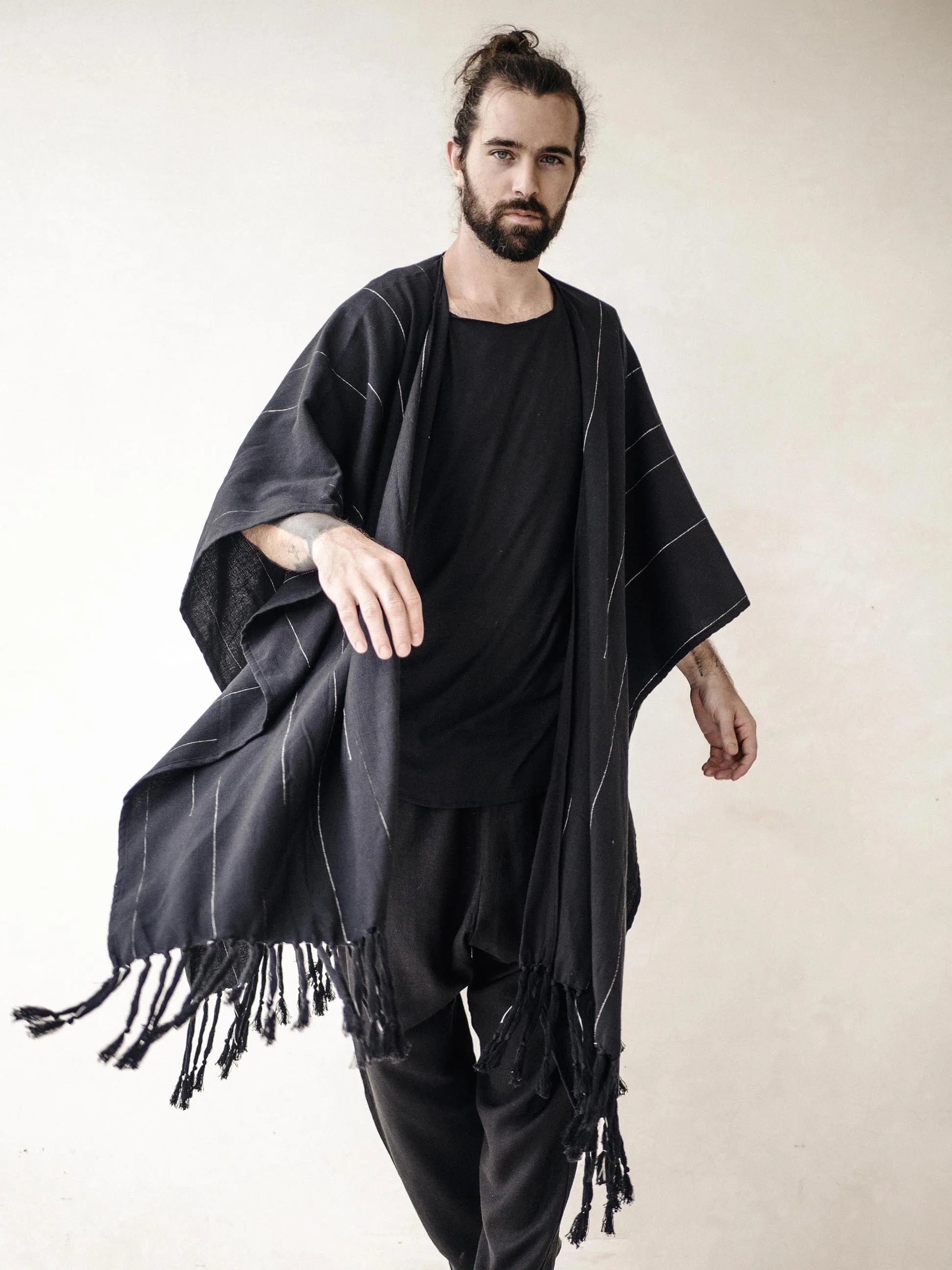 Men's Black Cape Poncho with fringes