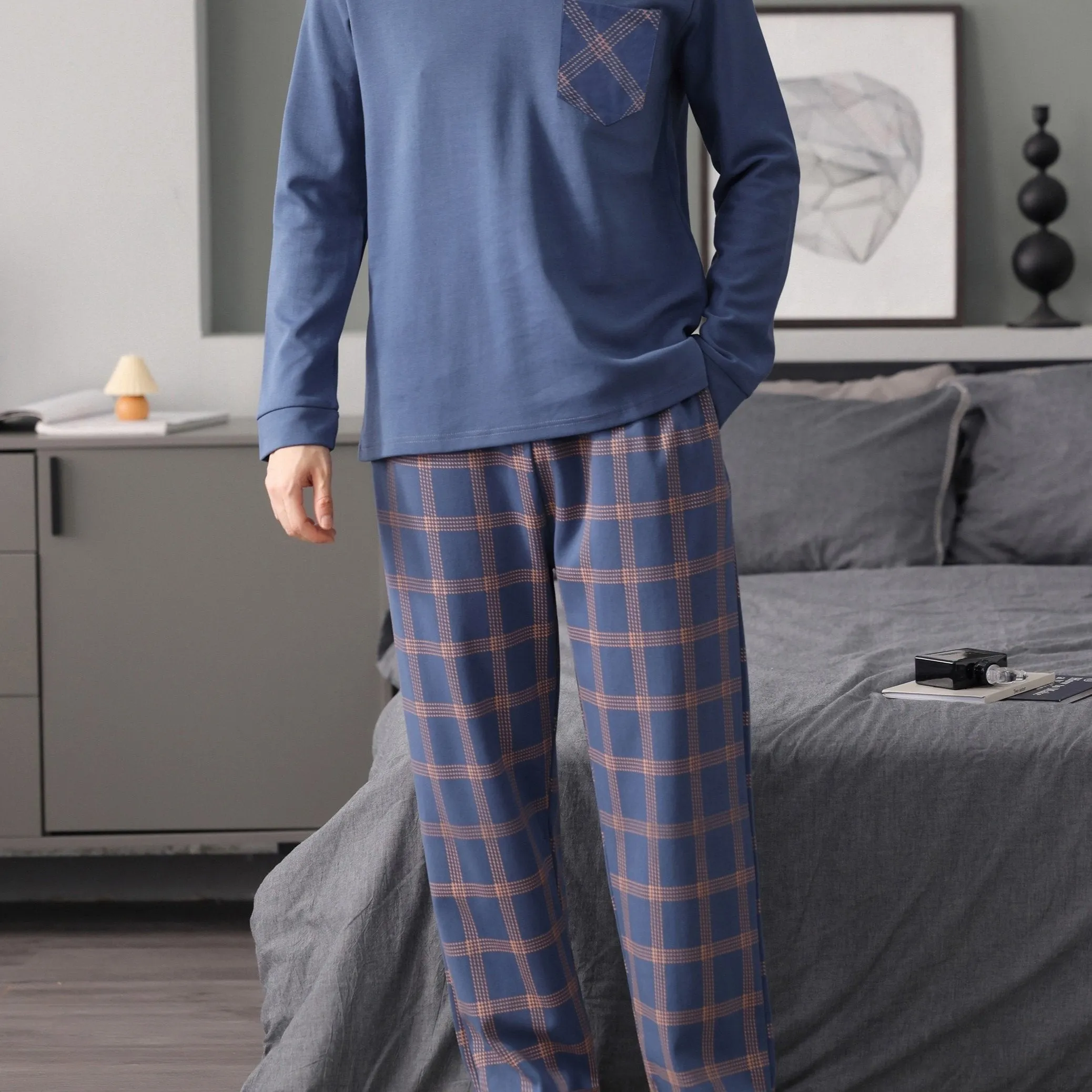 Men's Simple Style Cotton Casual Pajamas Sets, Solid Long Sleeve Crew Neck Top & Loose Checkered Pants Lounge Wear, Outdoor Sets For Men