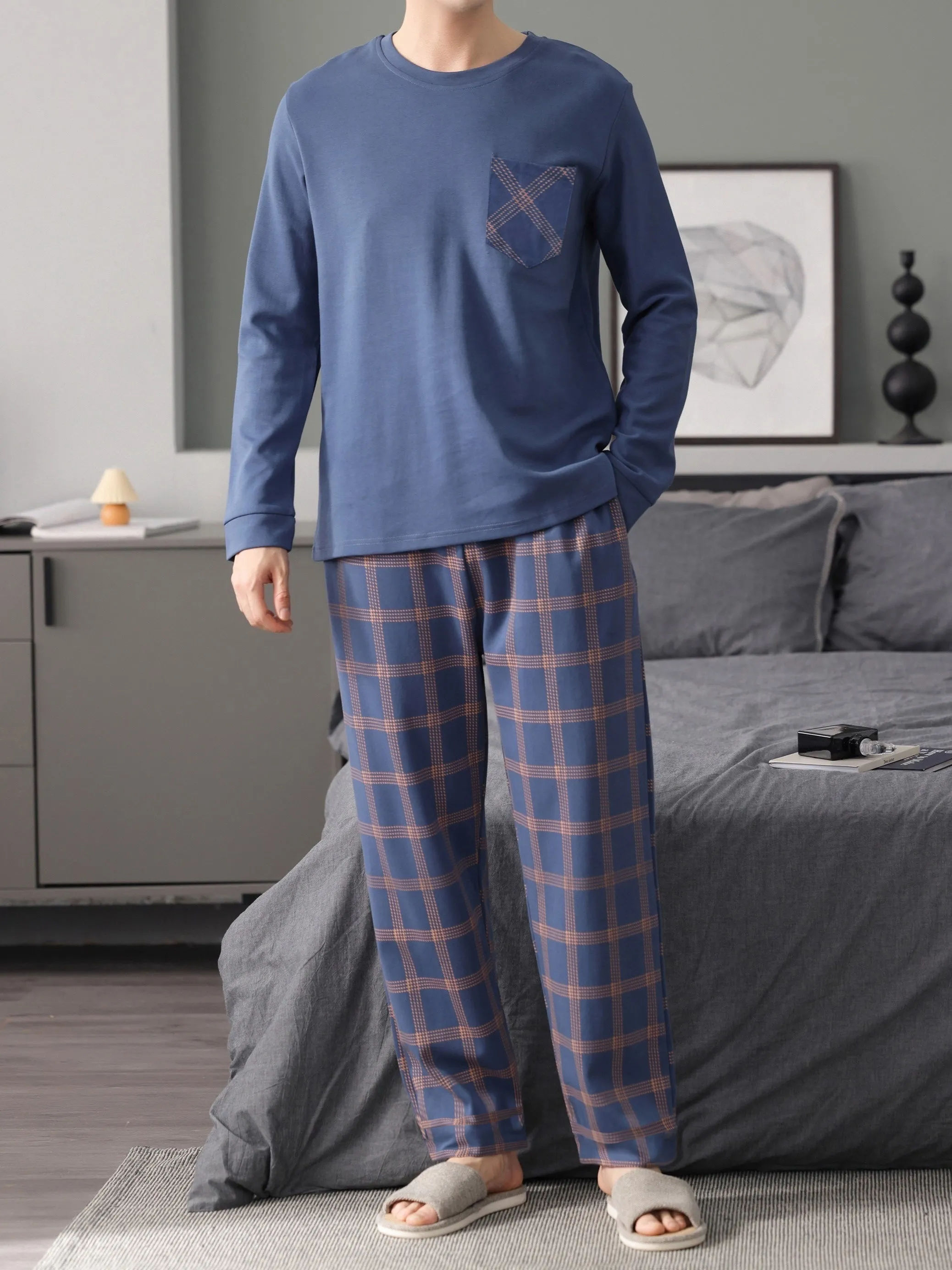 Men's Simple Style Cotton Casual Pajamas Sets, Solid Long Sleeve Crew Neck Top & Loose Checkered Pants Lounge Wear, Outdoor Sets For Men