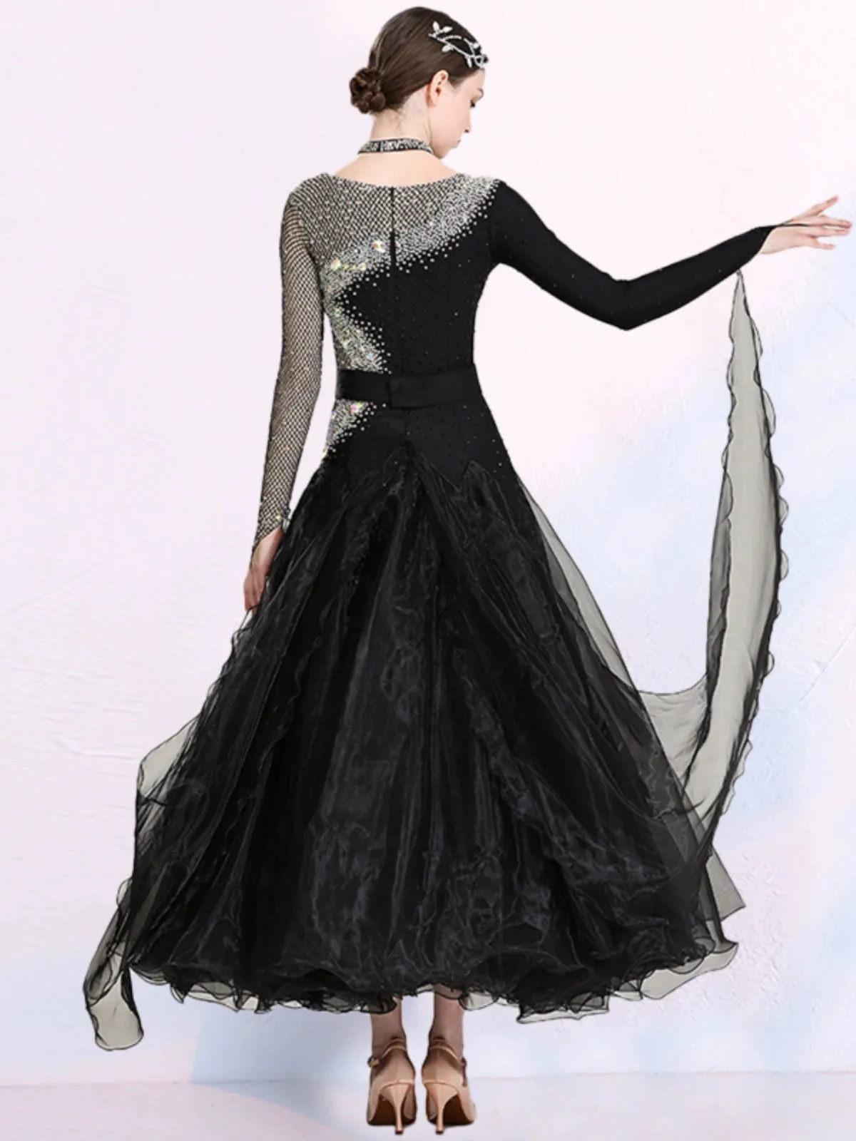 Modern competition ballroom dance dresses for women girls black color with diamonds national standard waltz tango dancing skirts for female
