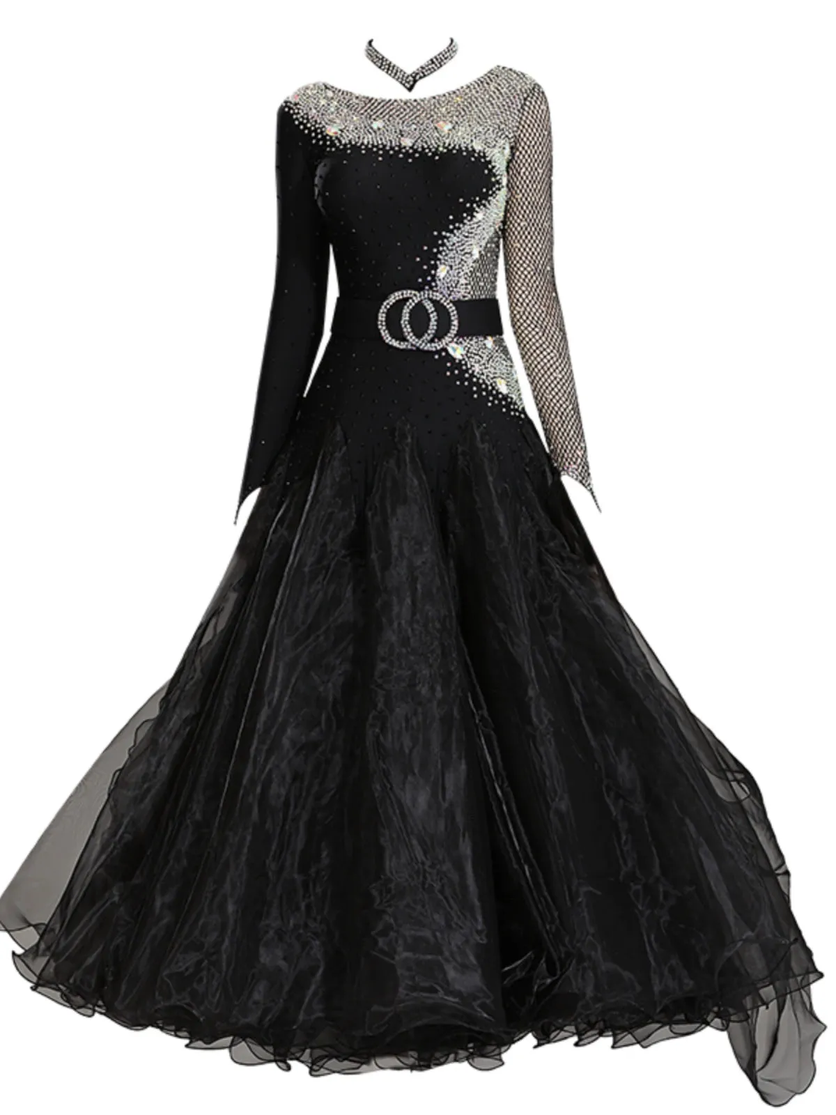 Modern competition ballroom dance dresses for women girls black color with diamonds national standard waltz tango dancing skirts for female
