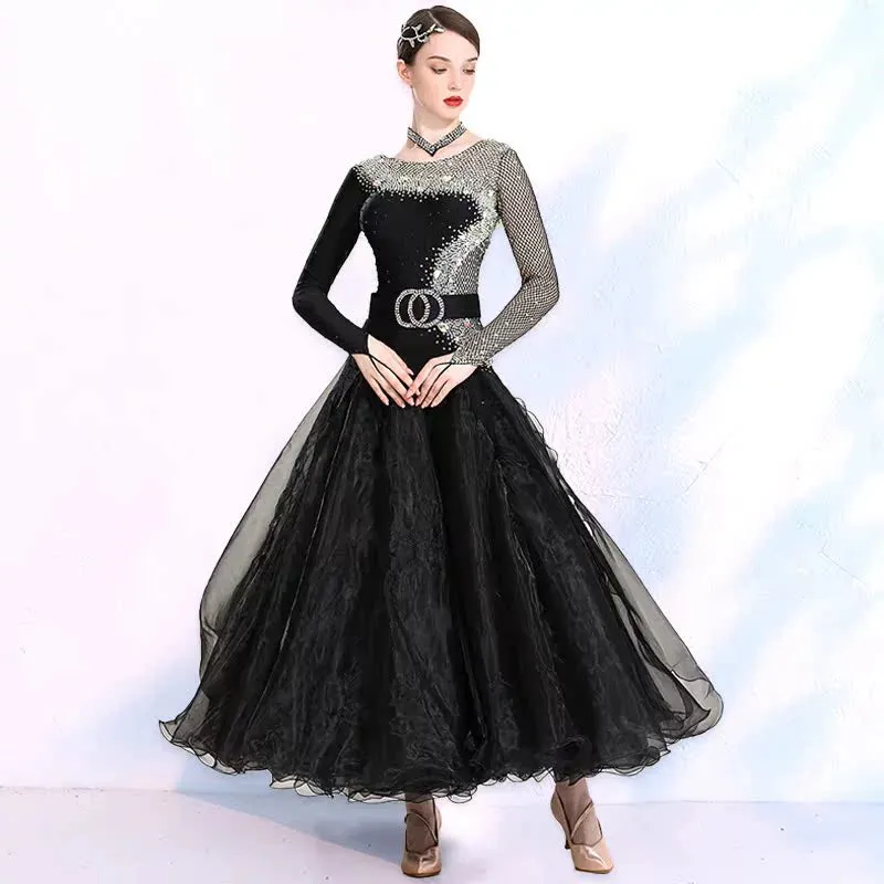 Modern competition ballroom dance dresses for women girls black color with diamonds national standard waltz tango dancing skirts for female