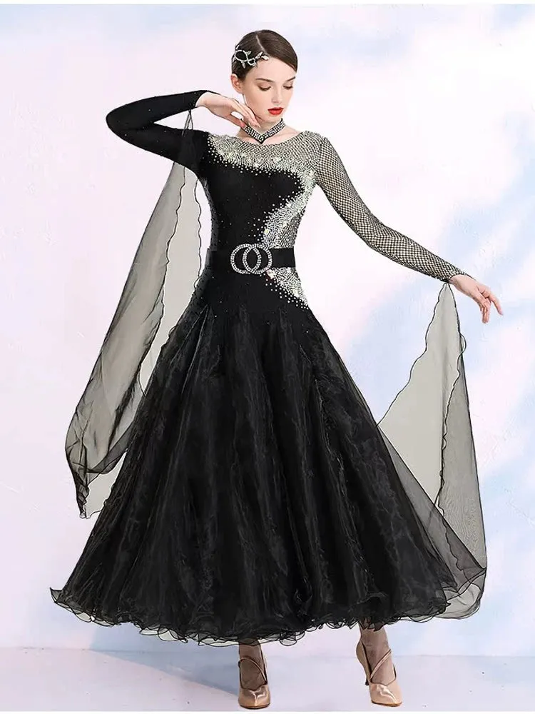 Modern competition ballroom dance dresses for women girls black color with diamonds national standard waltz tango dancing skirts for female