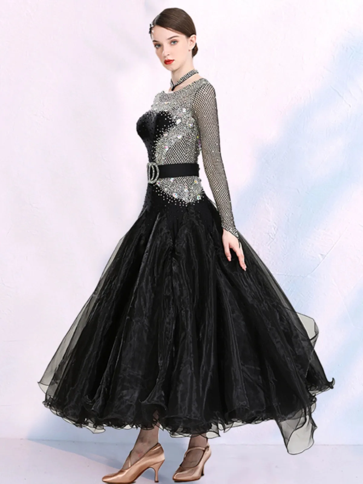 Modern competition ballroom dance dresses for women girls black color with diamonds national standard waltz tango dancing skirts for female