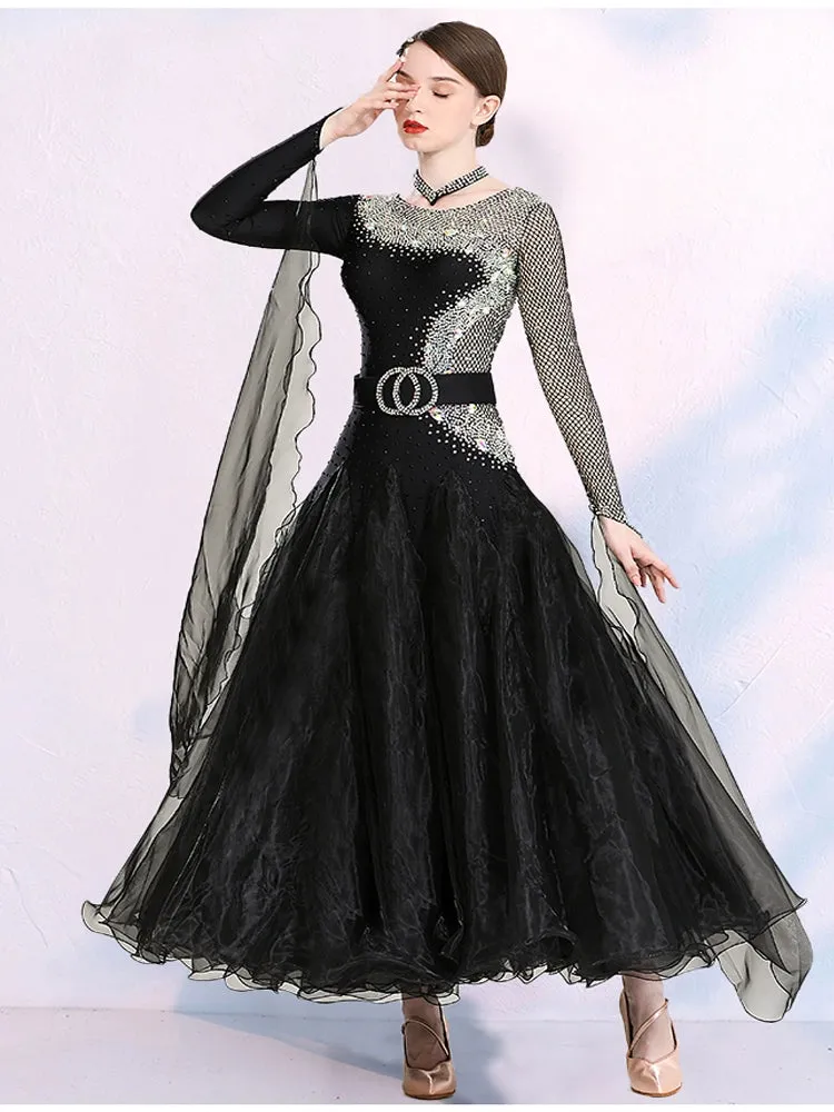 Modern competition ballroom dance dresses for women girls black color with diamonds national standard waltz tango dancing skirts for female