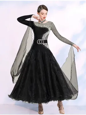 Modern competition ballroom dance dresses for women girls black color with diamonds national standard waltz tango dancing skirts for female