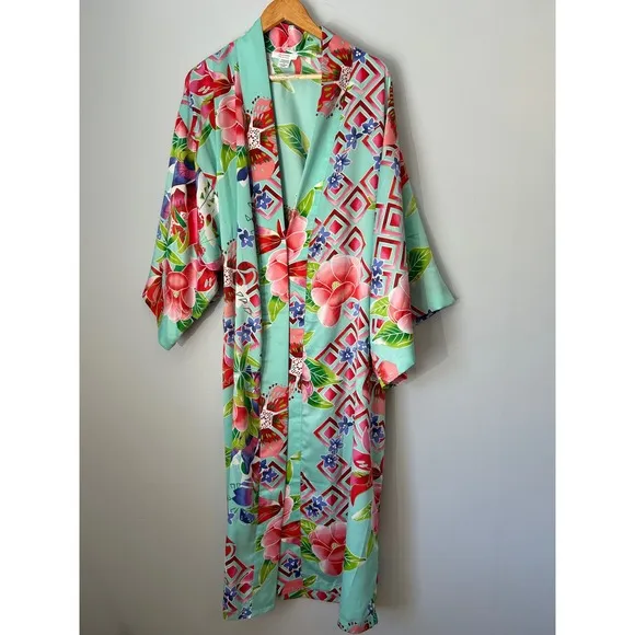 Natori Floral Print Kimono Robe Open Front Lightweight Cover Up Size M no belt