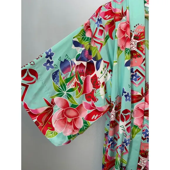Natori Floral Print Kimono Robe Open Front Lightweight Cover Up Size M no belt