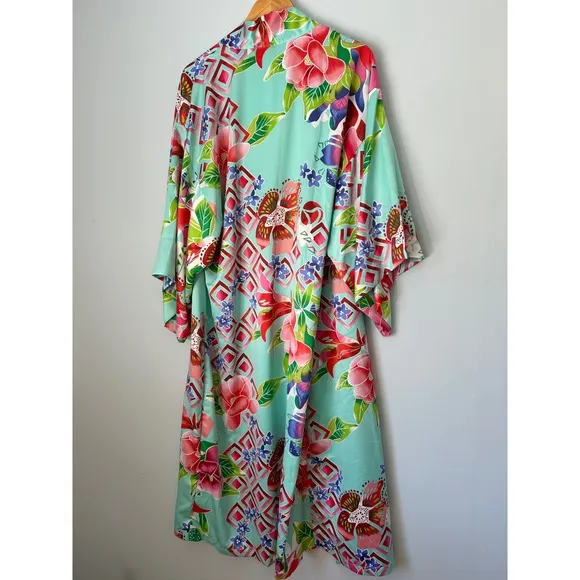 Natori Floral Print Kimono Robe Open Front Lightweight Cover Up Size M no belt