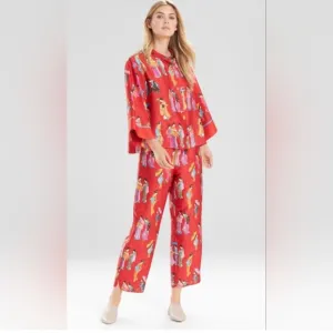 Natori Geisha Colorful Red Asian Novelty Pajamas Sleepwear Small Red Rayon