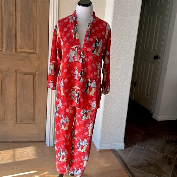 Natori Geisha Colorful Red Asian Novelty Pajamas Sleepwear Small Red Rayon