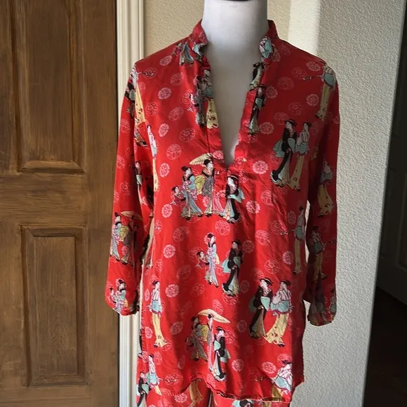 Natori Geisha Colorful Red Asian Novelty Pajamas Sleepwear Small Red Rayon