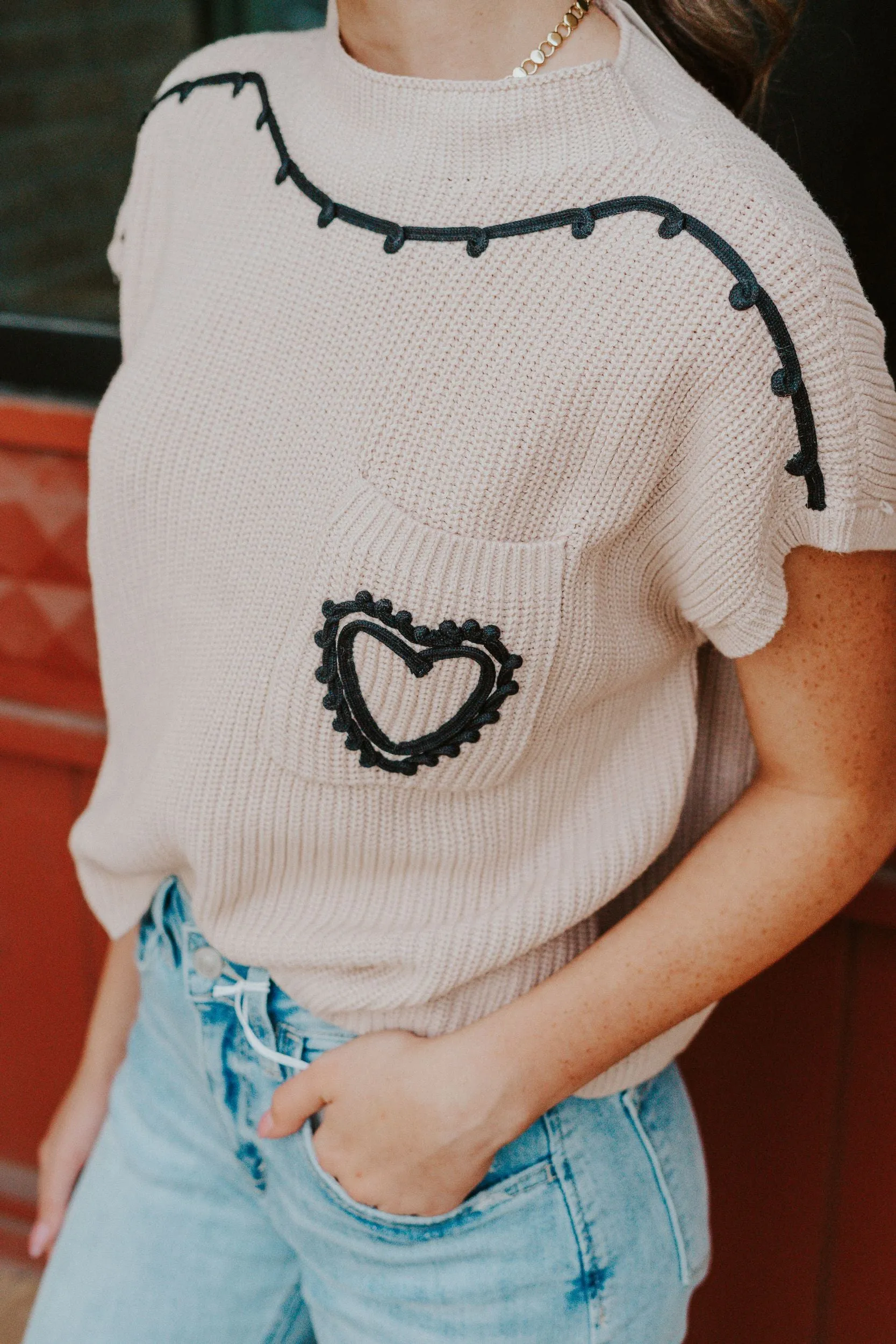 Natural Sweater w/Black Embroidery ILT3145-1