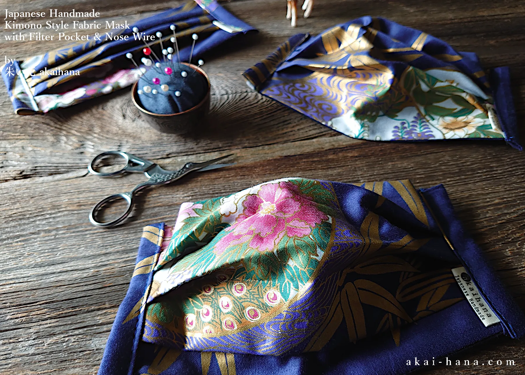 Navy Floral Kimono Japanese Handmade Mask with filter pocket & nose wire, comes with 1 Free Filter Insert, fmjf031