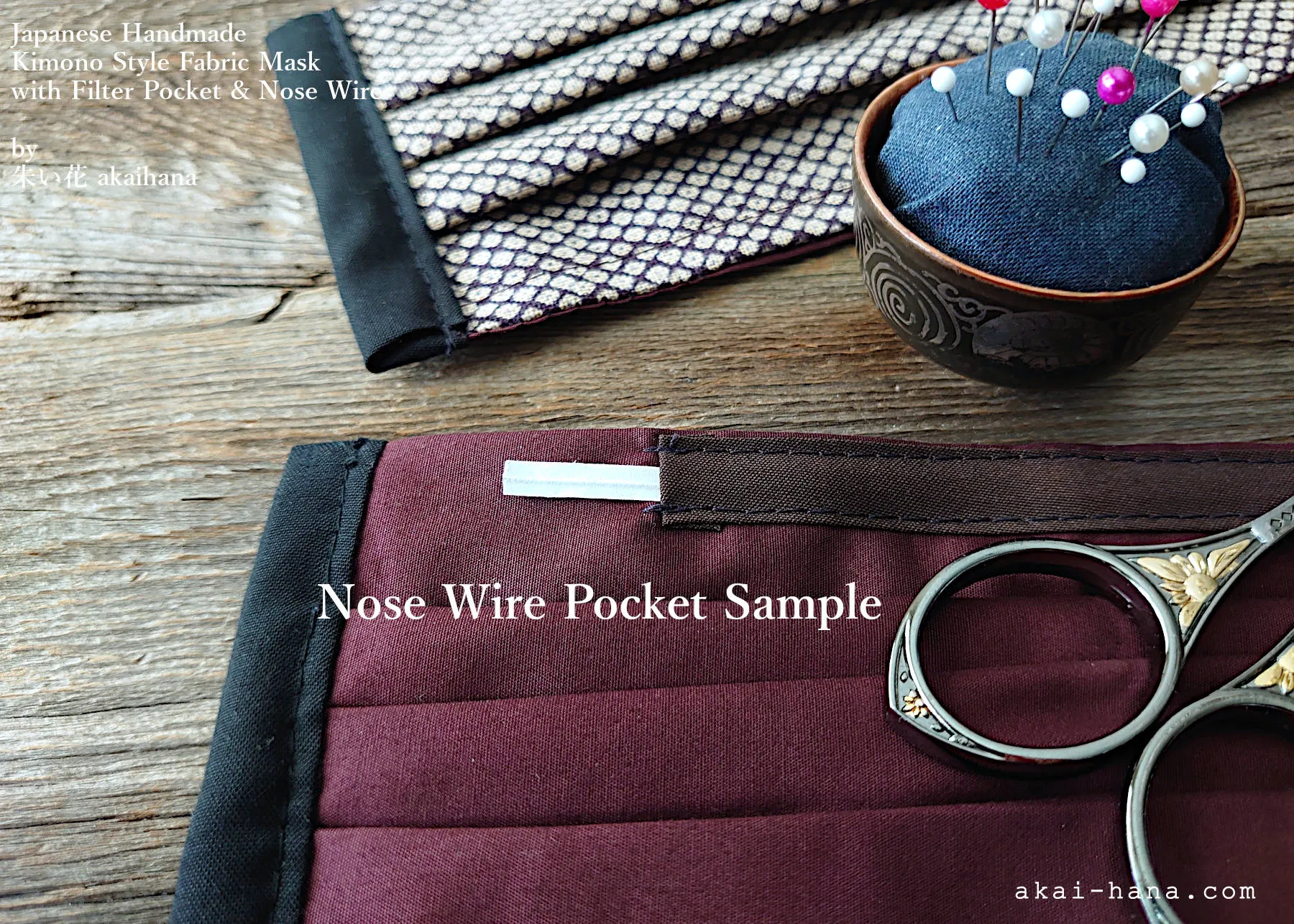 Navy Floral Kimono Japanese Handmade Mask with filter pocket & nose wire, comes with 1 Free Filter Insert, fmjf031