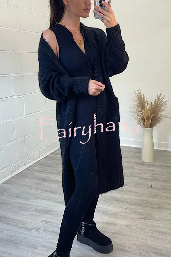 Neon Love Peace Chunky Knit Pocket Straight Midi Cardigan