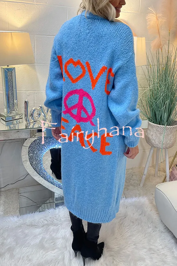 Neon Love Peace Chunky Knit Pocket Straight Midi Cardigan