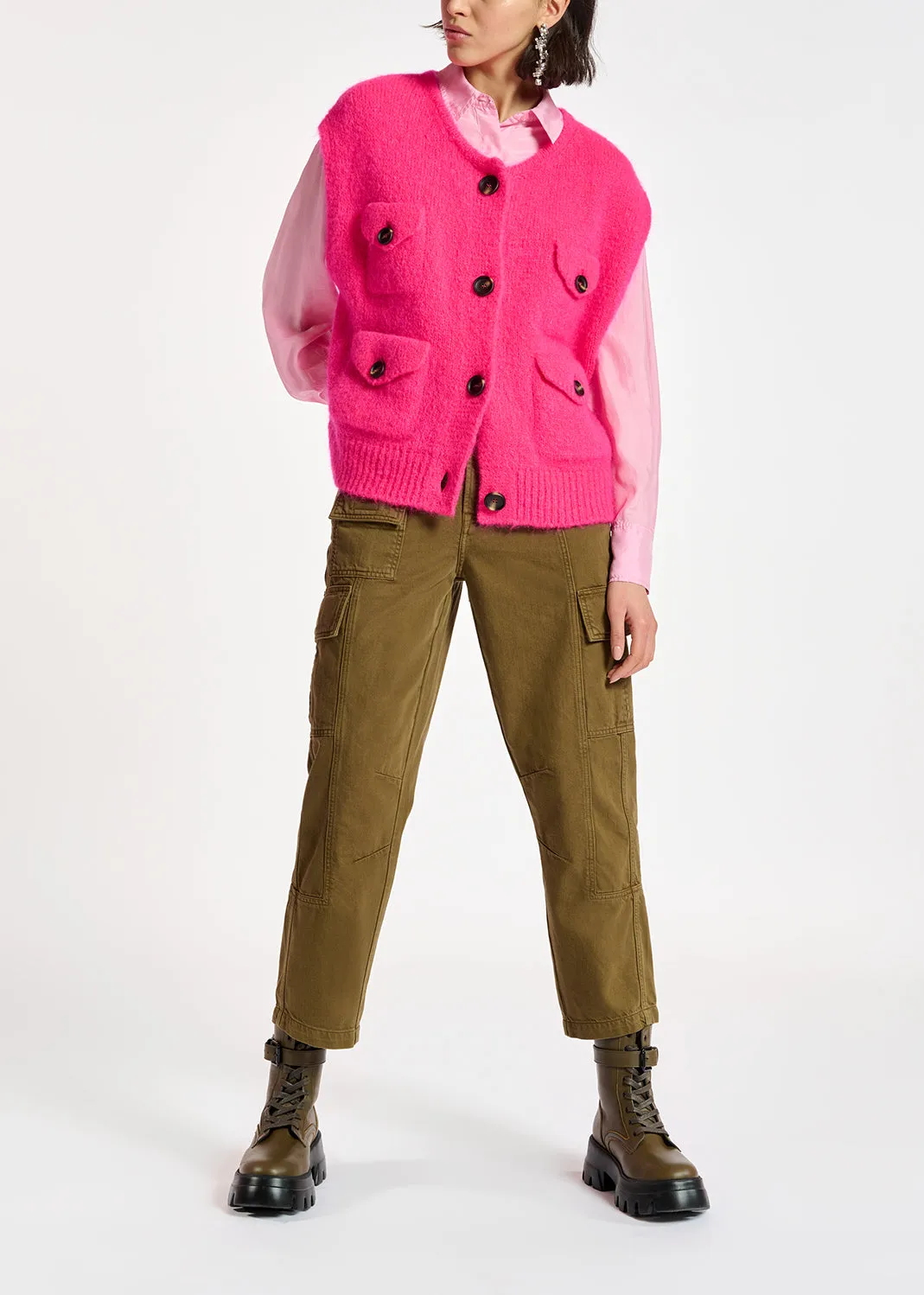 Neon pink sleeveless mohair-blend cardigan