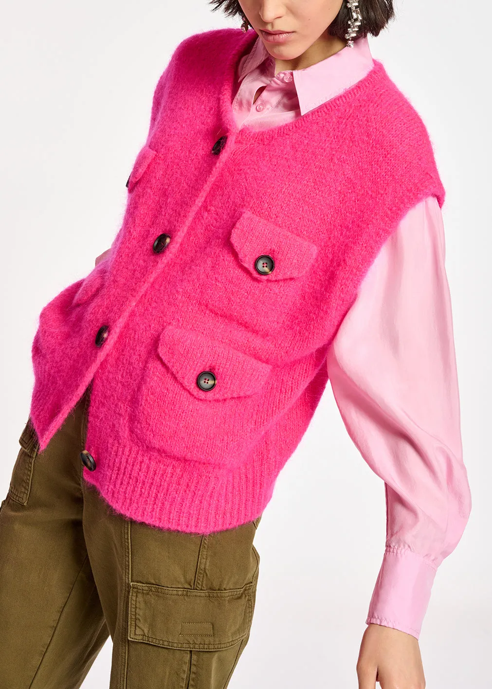 Neon pink sleeveless mohair-blend cardigan