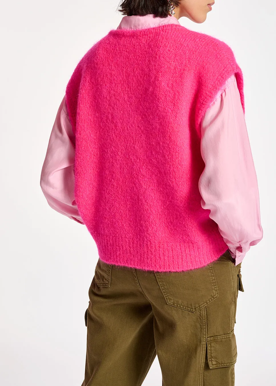 Neon pink sleeveless mohair-blend cardigan