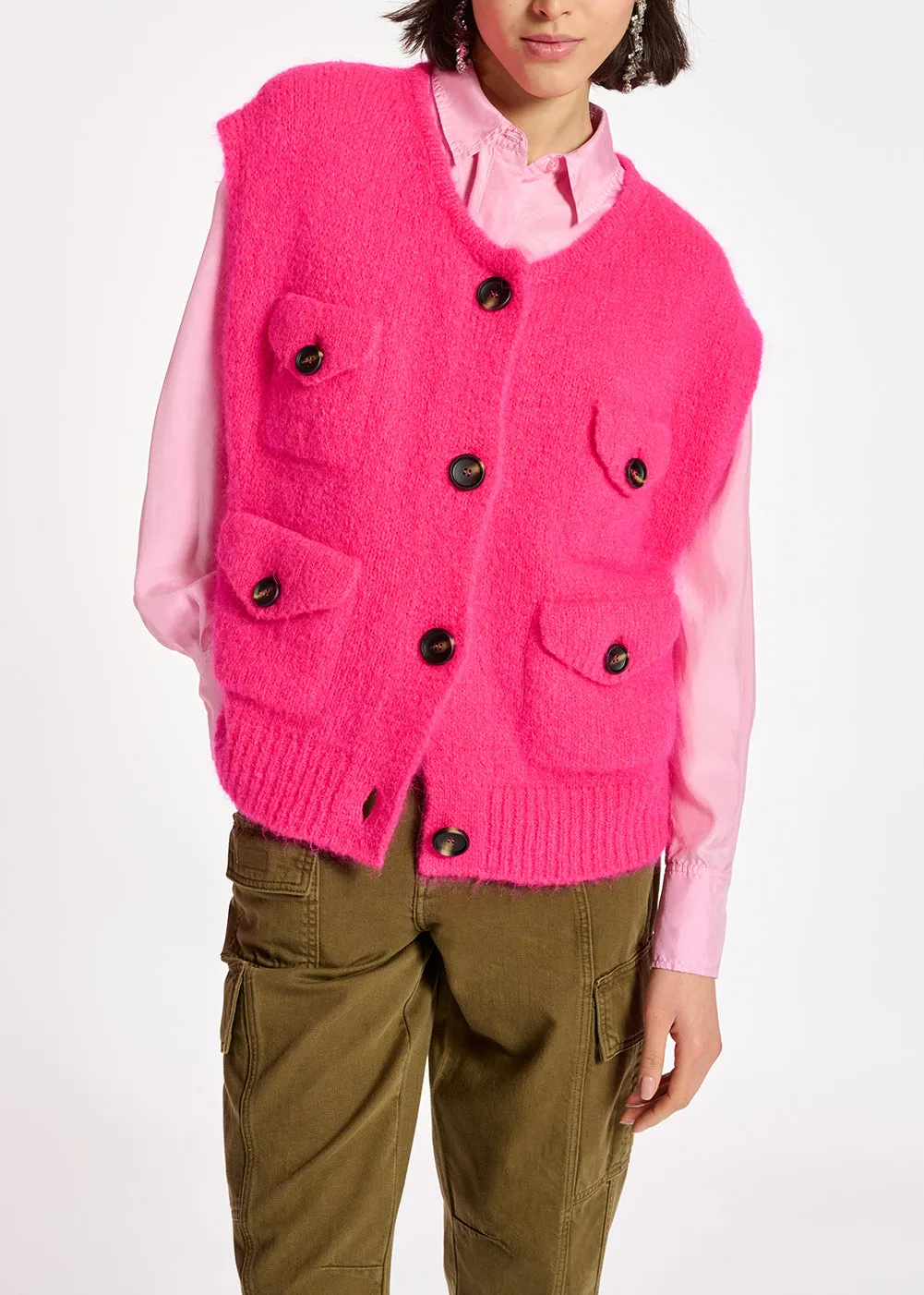 Neon pink sleeveless mohair-blend cardigan