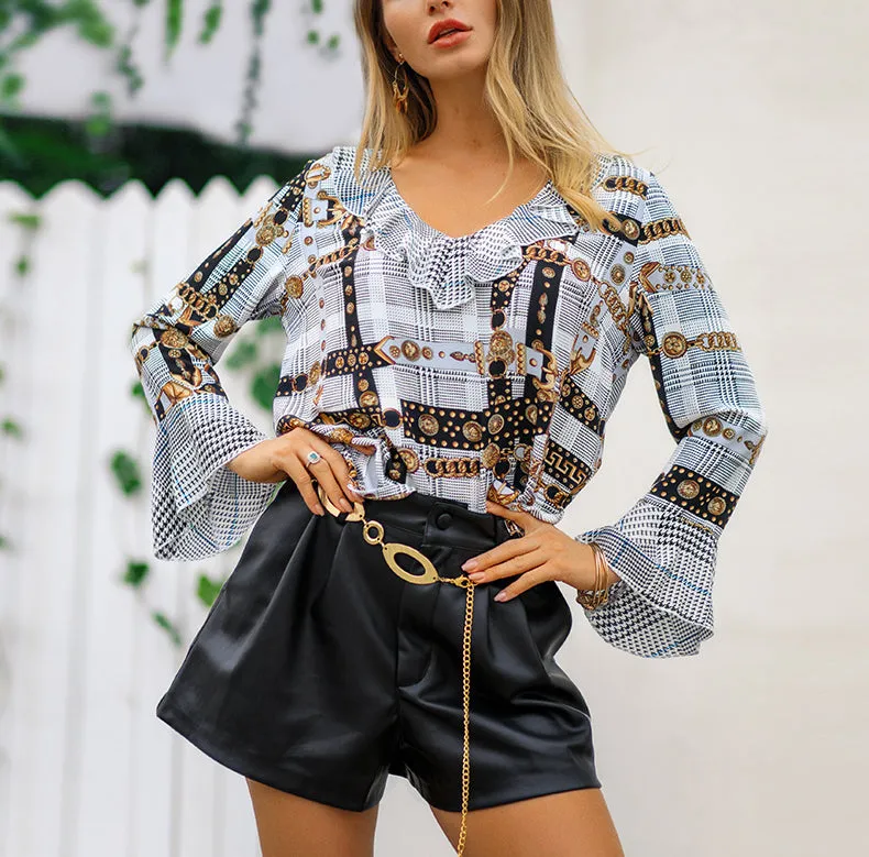 New V-shaped Lotus Leaf Collar Long-sleeved Shirt