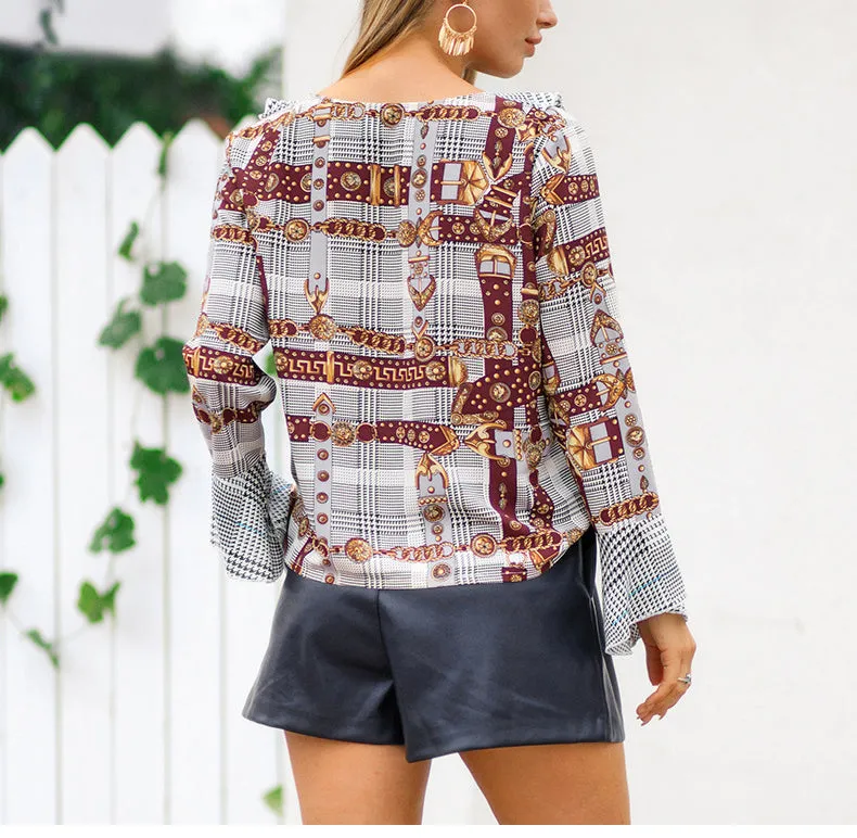 New V-shaped Lotus Leaf Collar Long-sleeved Shirt