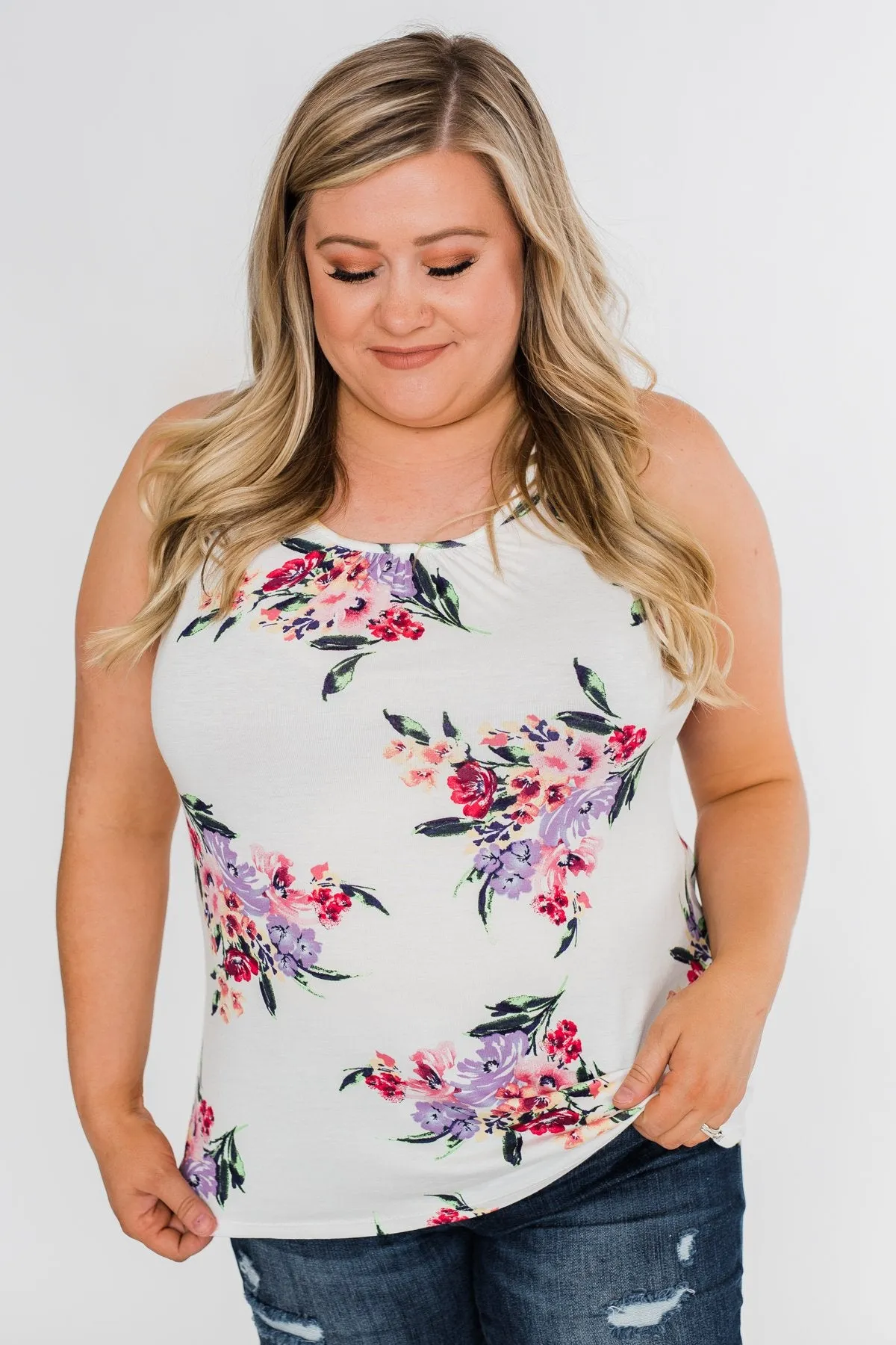 Night Blooms Floral Racerback Tank Top- Ivory