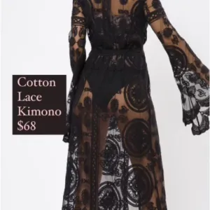 NWT Rosevelvet  black lace kimono bell sleeves XS S cotton embroidery runs small