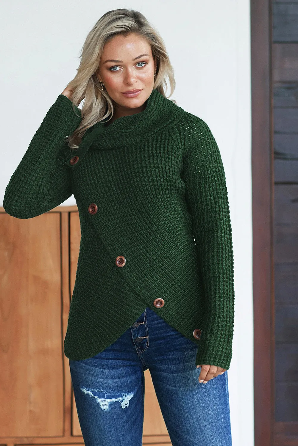 Olive Green Buttoned Wrap Turtleneck Sweater