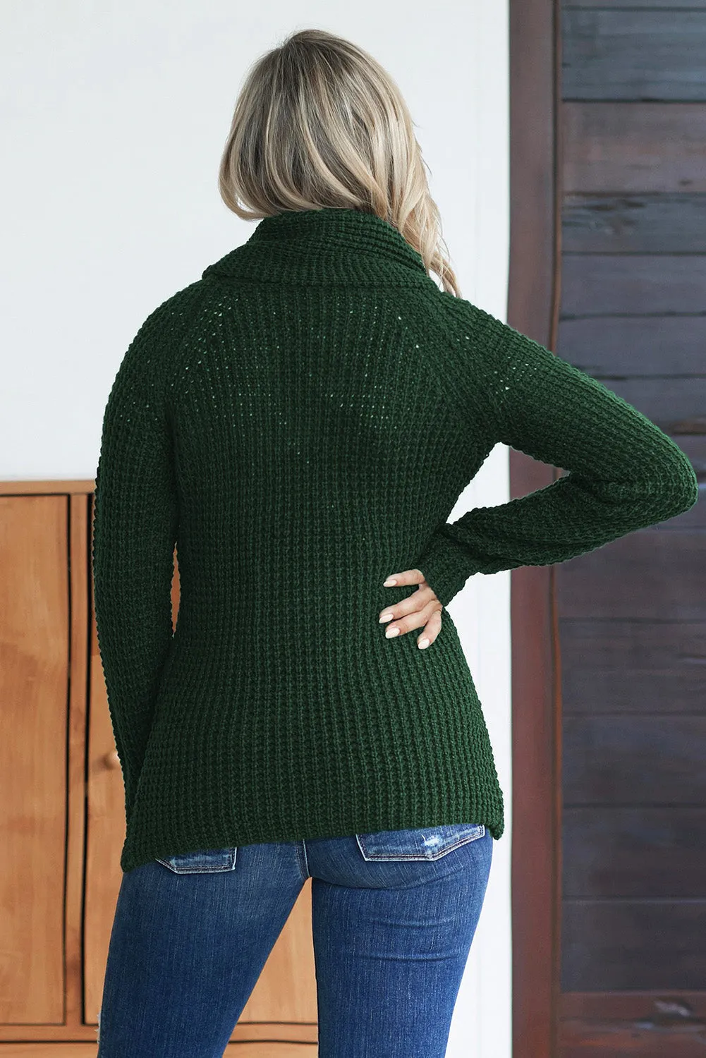 Olive Green Buttoned Wrap Turtleneck Sweater