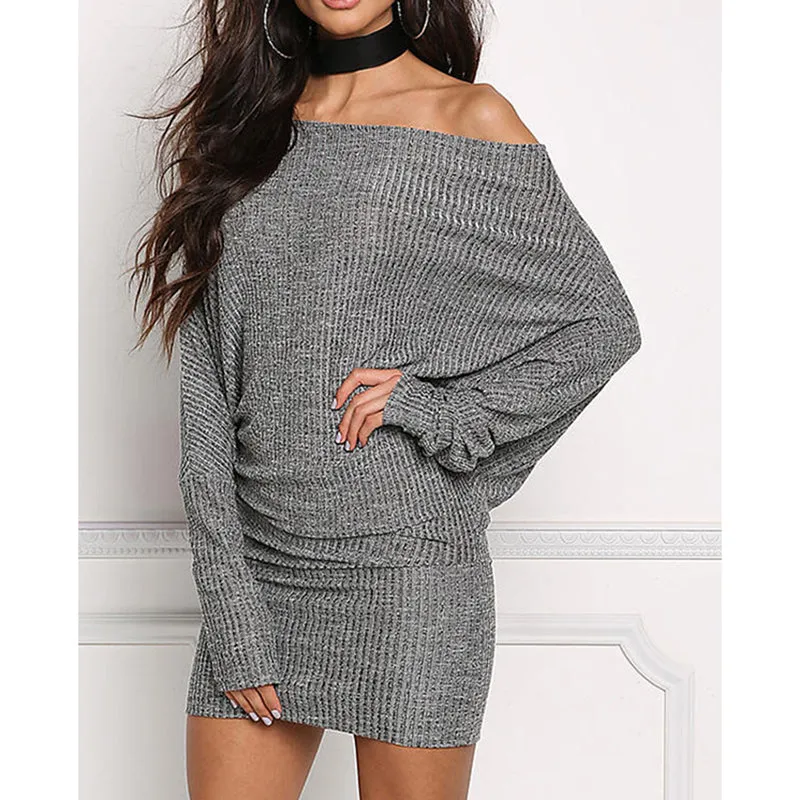 One-neck Bat Long-sleeved Knit Dress