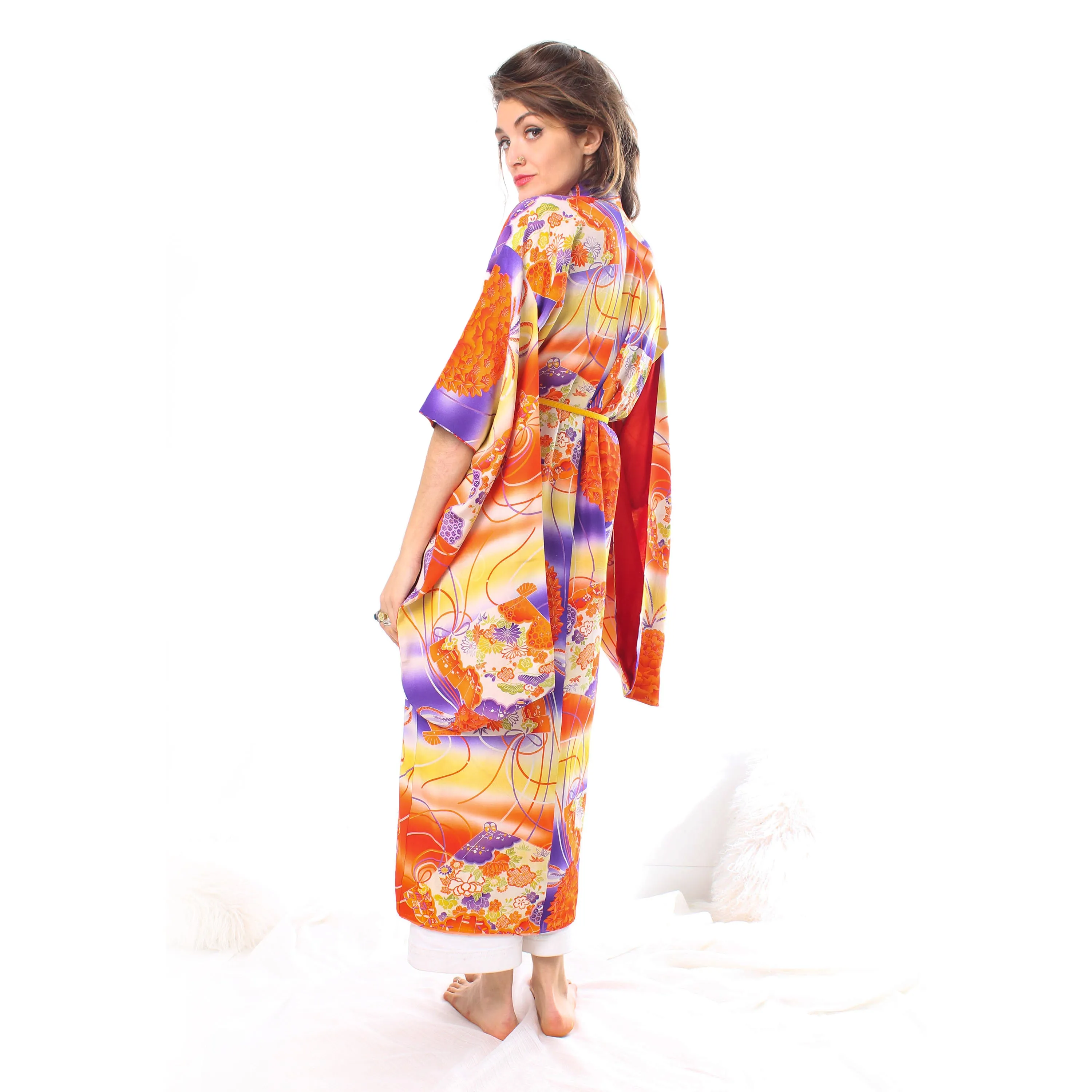Orange Flowers & Fans Kimono