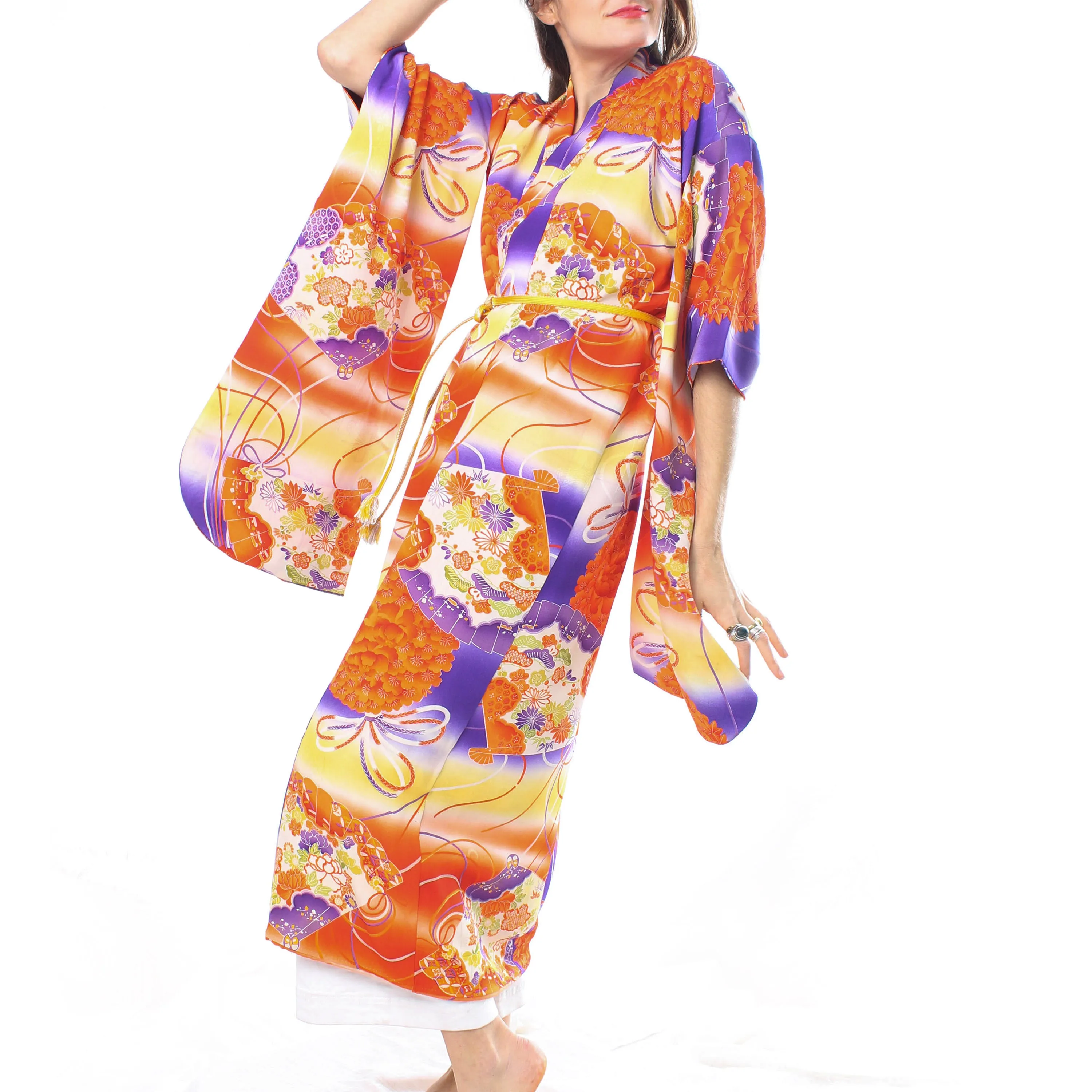 Orange Flowers & Fans Kimono