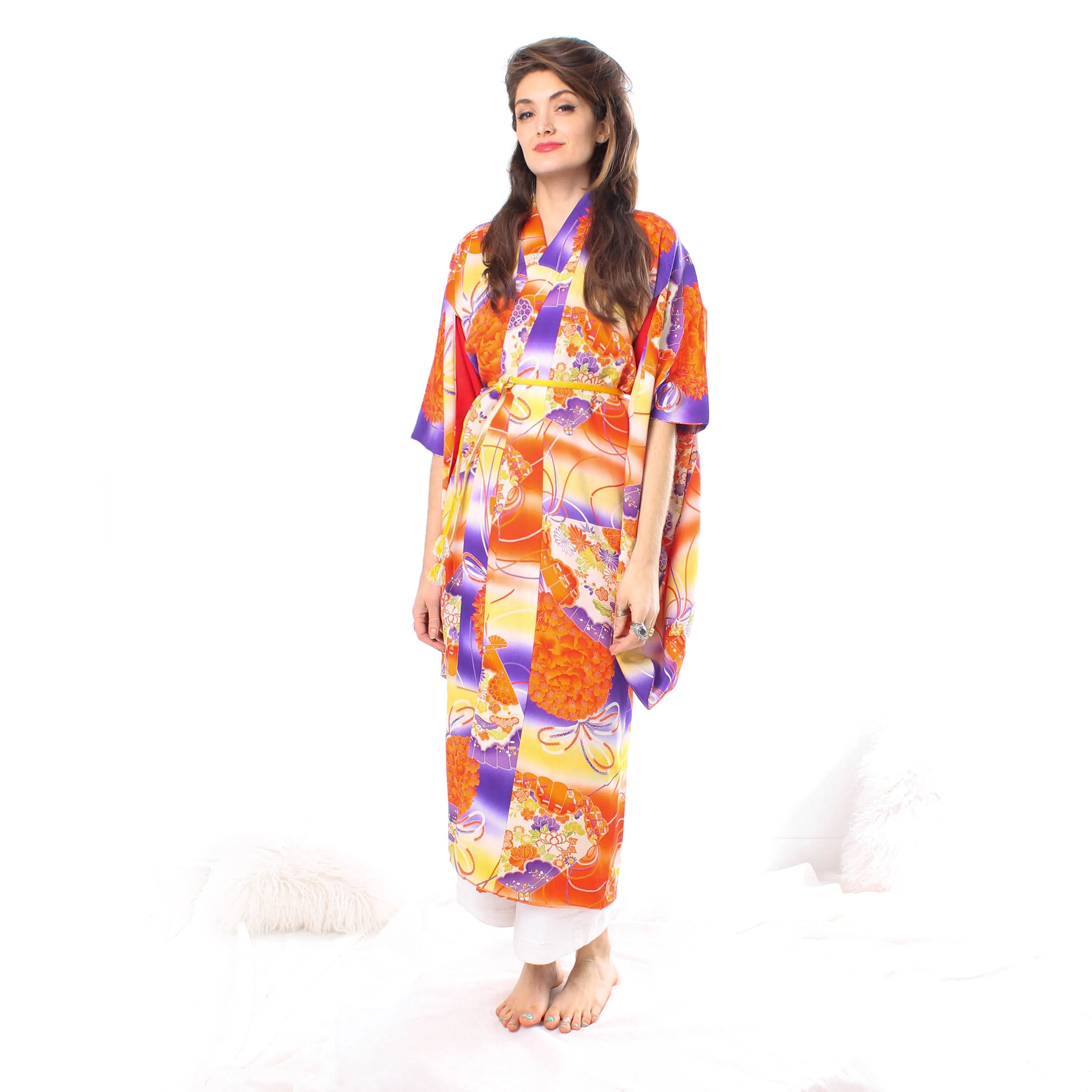 Orange Flowers & Fans Kimono