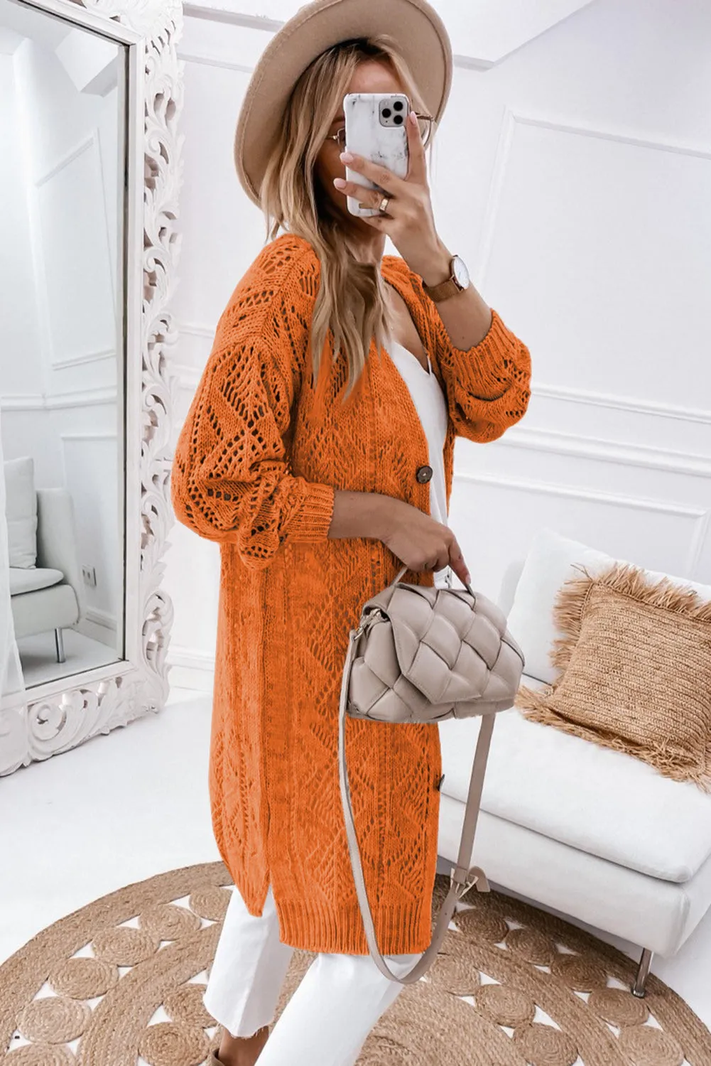 Orange Hollow-out Openwork Knit Cardigan