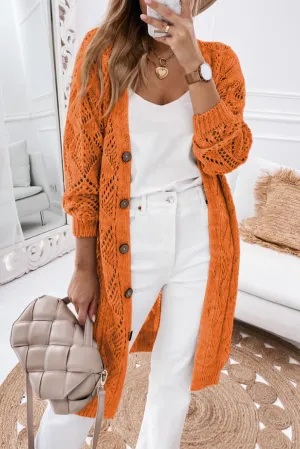 Orange Hollow-out Openwork Knit Cardigan