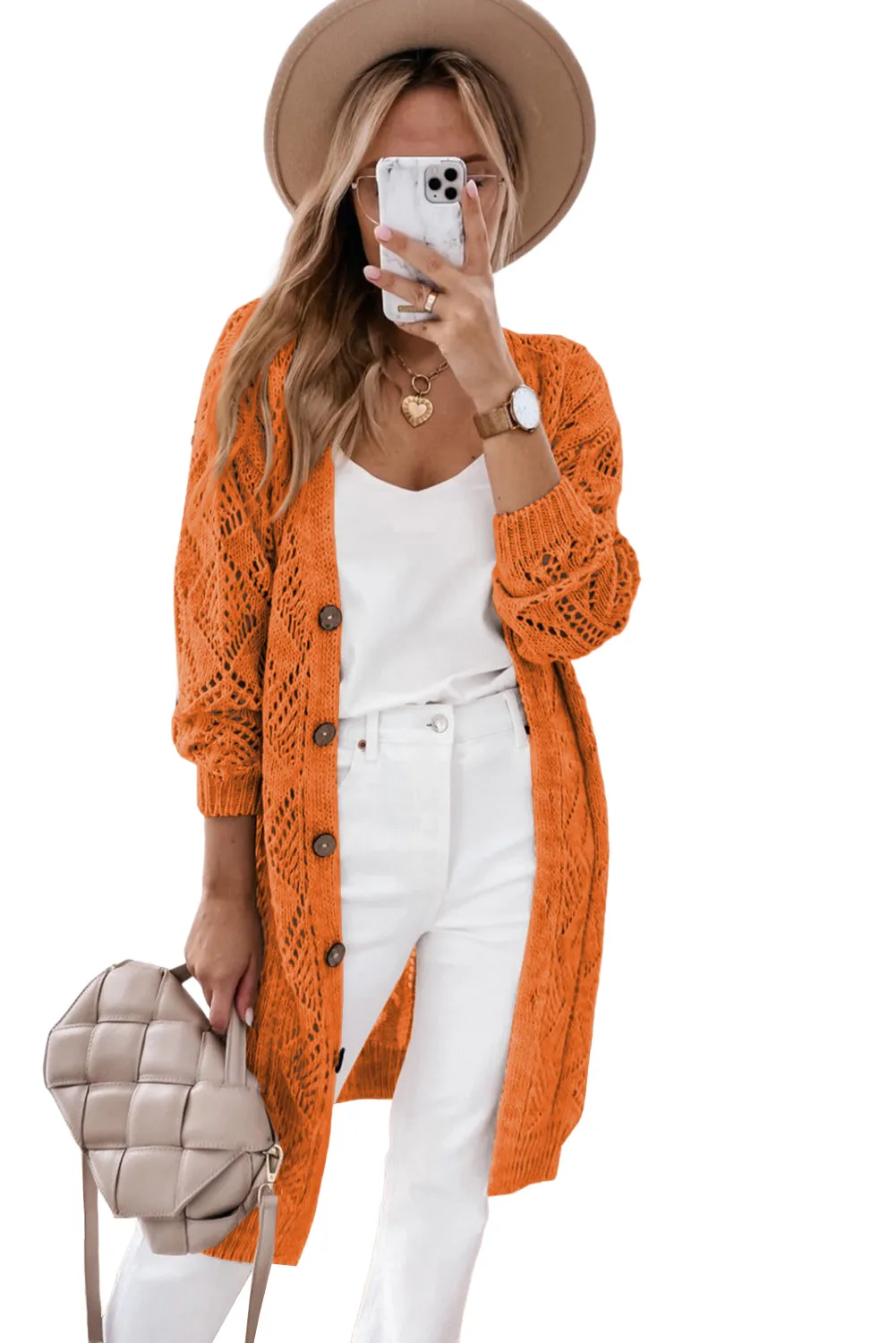 Orange Hollow-out Openwork Knit Cardigan