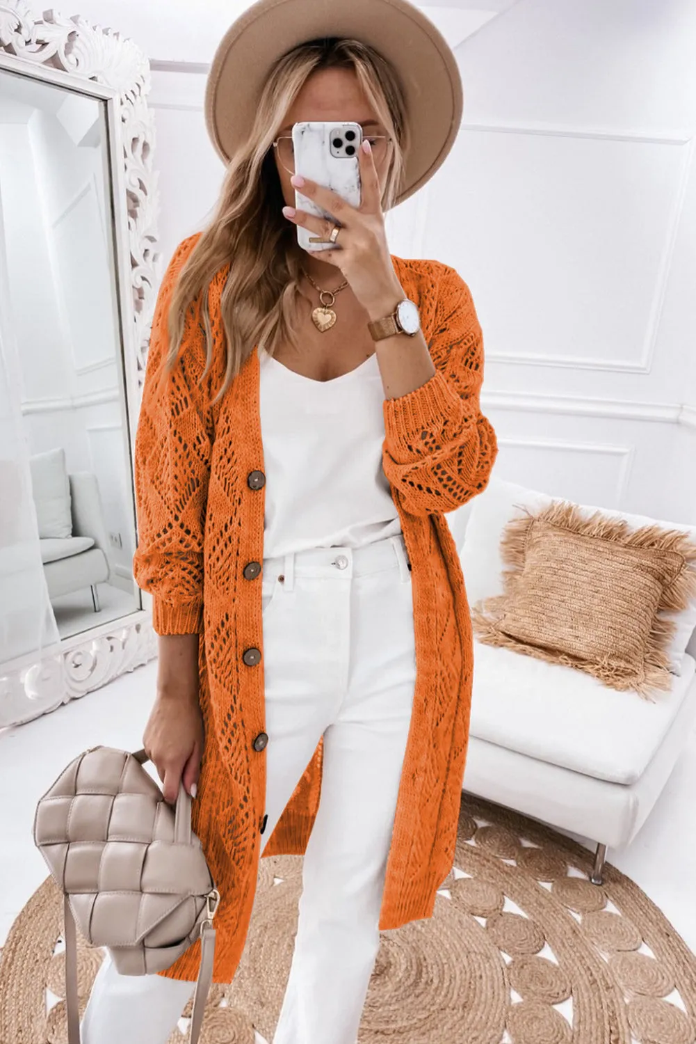 Orange Hollow-out Openwork Knit Cardigan