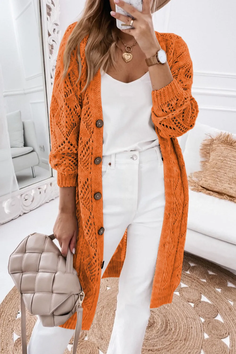 Orange Hollow-out Openwork Knit Cardigan